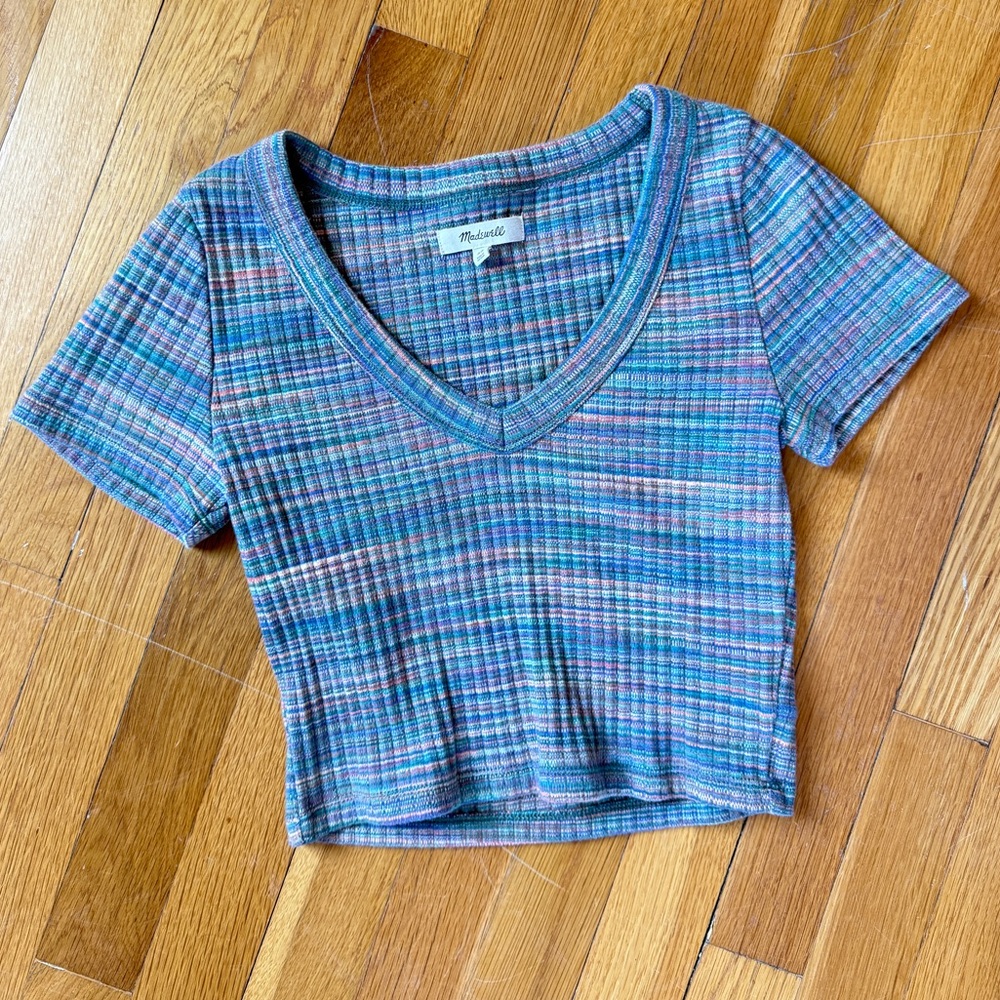 Madewell Ribbed V-Neck Crop Tee in Space-Dye XS